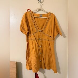 Asos - Mustard Yellow Linen Cotton Summer V Neck Boxy Short Mini Dress